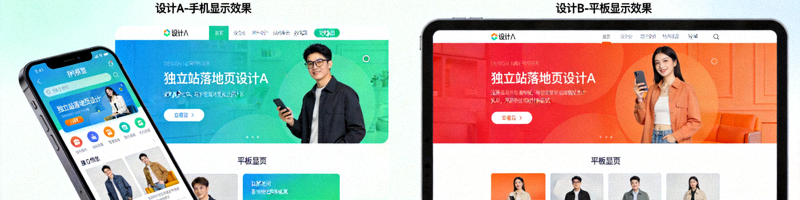 A/B测试中的两个不同设计的独立站落地页在手机和平板上的显示效果对比