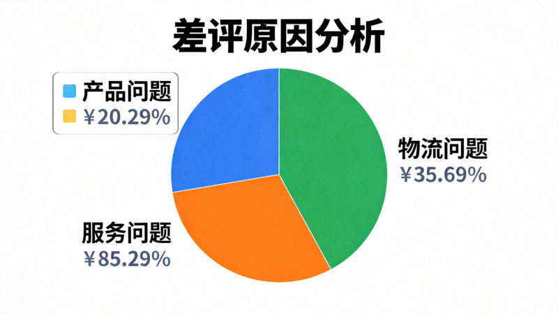 差评原因分析饼状图，展示产品问题、物流问题、服务问题等不同类别差评的占比