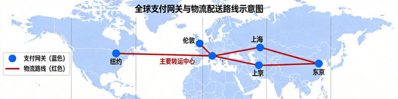 全球支付网关与物流配送路线世界地图可视化示意图