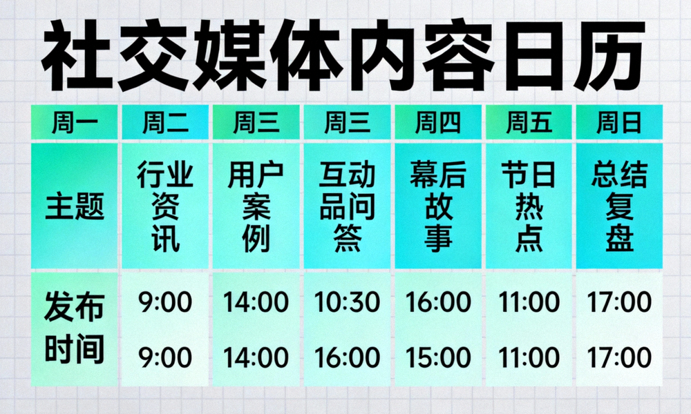 社交媒体内容日历表示例，展示每周不同主题的帖子规划与发布时间安排