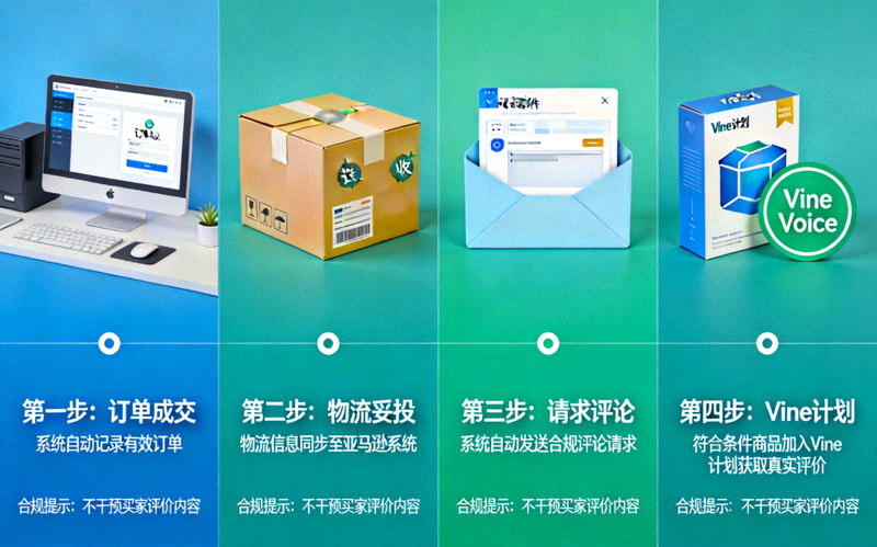 亚马逊卖家获取评价的合规流程示意图，从订单成交、物流妥投、请求评论到Vine计划的全流程可视化