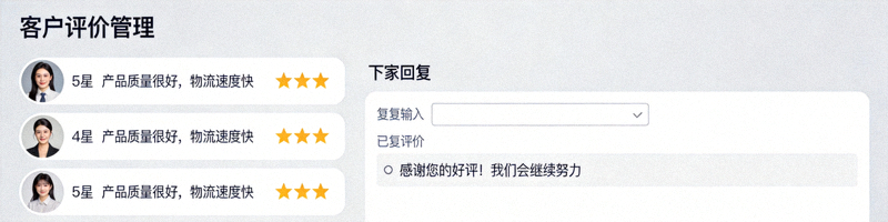 亚马逊卖家后台的客户评价管理页面，展示星级评分与卖家回复界面