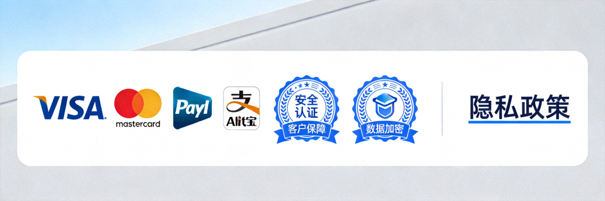 展示独立站页脚区域的安全支付标识、信任徽章和隐私政策链接