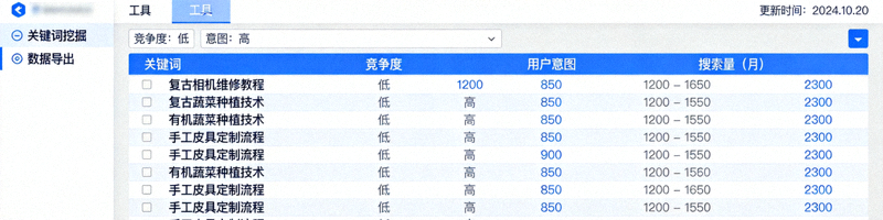 长尾关键词研究工具界面截图，展示大量低竞争、高意图的关键词列表及其搜索量数据