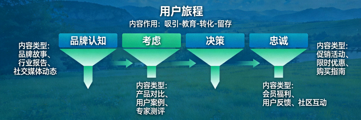 内容营销漏斗示意图：从品牌认知、考虑、决策到忠诚的完整用户旅程，展示不同类型内容在各阶段的作用