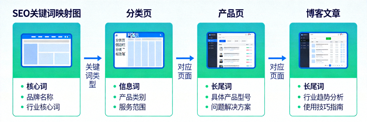 SEO关键词映射图：展示如何将核心词、信息词、长尾词分配到网站首页、分类页、产品页和博客文章