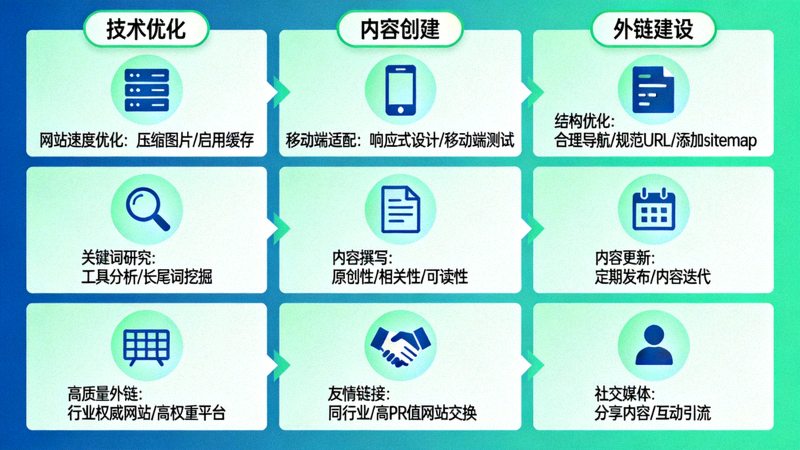 独立站SEO策略实施流程图，展示从技术优化、内容创建到外链建设的完整步骤