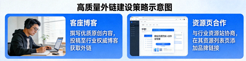 高质量外链建设策略示意图，展示客座博客、资源页合作等外链获取方式