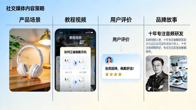 社交媒体内容策略实例展示，包括产品场景图、教程短视频、用户评价分享和品牌故事帖子排版