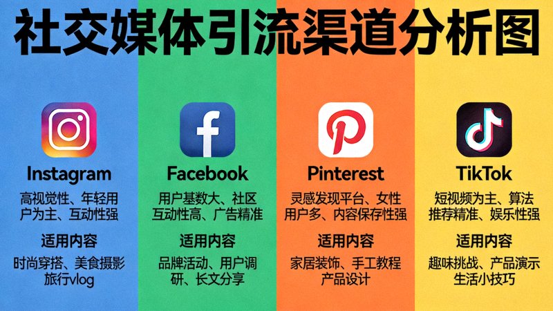 社交媒体引流渠道分析图，对比Instagram、Facebook、Pinterest、TikTok等平台的特点与适用内容类型