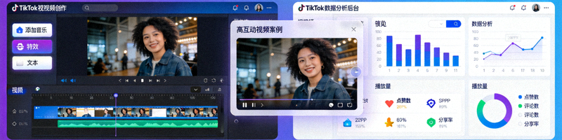 TikTok短视频创作界面与数据分析后台，展示高互动视频案例