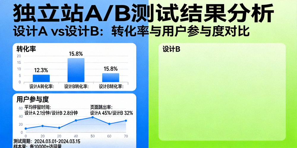 独立站A/B测试结果数据分析看板，对比两个不同设计的落地页在转化率和用户参与度上的差异
