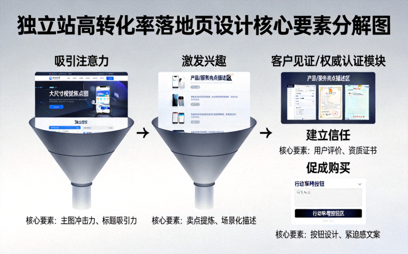独立站高转化率落地页设计核心要素分解图，展示从吸引注意力到促成购买的完整漏斗模型