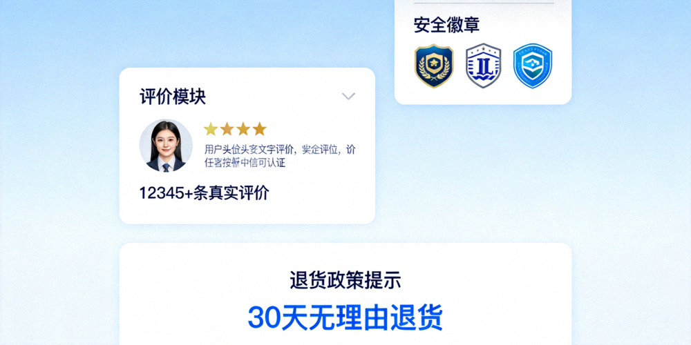独立站信任元素布局设计示例，展示评价模块、安全徽章、退货政策提示在页面上的合理位置