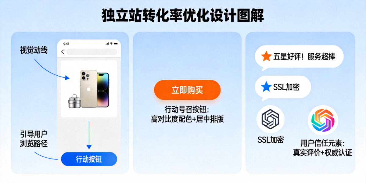 独立站转化率优化设计图解，展示清晰的视觉动线、突出的行动号召按钮与用户信任元素布局