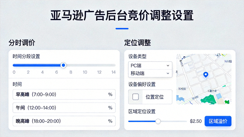 亚马逊广告后台竞价调整设置面板，展示分时调价与定位调整竞价的配置界面