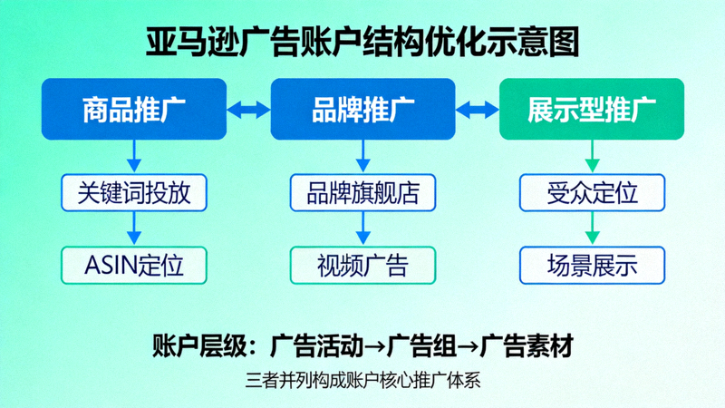 亚马逊广告账户结构优化示意图，展示商品推广、品牌推广与展示型推广的层级与关联