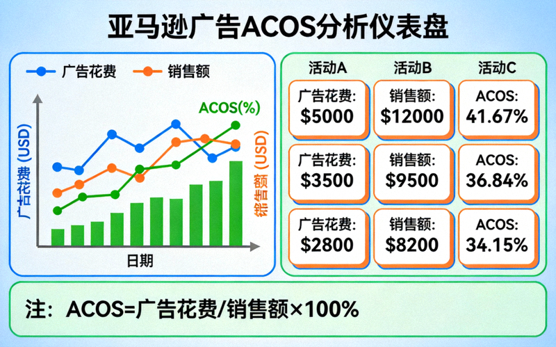亚马逊广告ACOS分析仪表盘图表，展示广告花费、销售额、ACOS趋势线及不同活动的数据对比