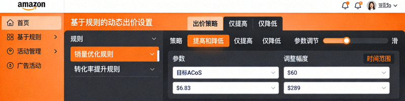 亚马逊广告活动管理后台，展示基于规则的动态出价设置界面