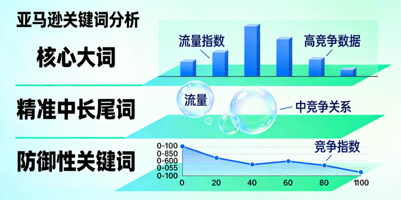亚马逊关键词分析分层图表，展示核心大词、精准中长尾词和防御性关键词的流量与竞争关系示意图