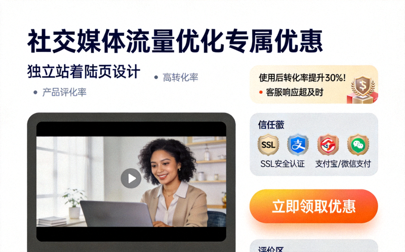 高转化率独立站着陆页设计示例：展示一个针对社交媒体流量优化的落地页，包含清晰的标题、产品视频、用户评价、信任徽章和突出的行动号召按钮