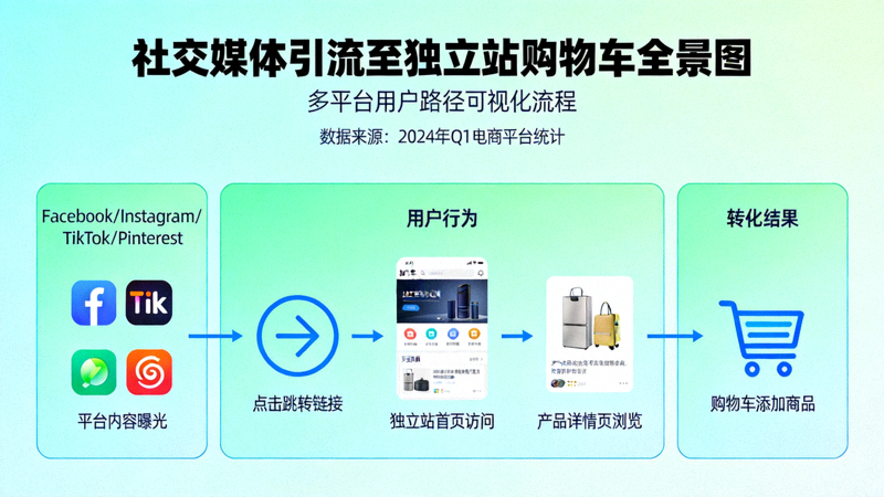 社交媒体引流全景图：展示从Facebook、Instagram、TikTok、Pinterest等平台引流至独立站购物车的完整用户路径可视化流程图