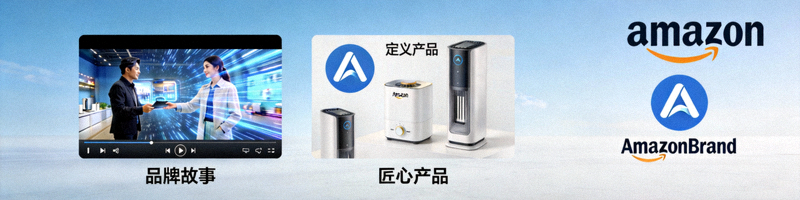 亚马逊品牌推广广告创意展示，包含品牌故事视频、自定义图片与Logo